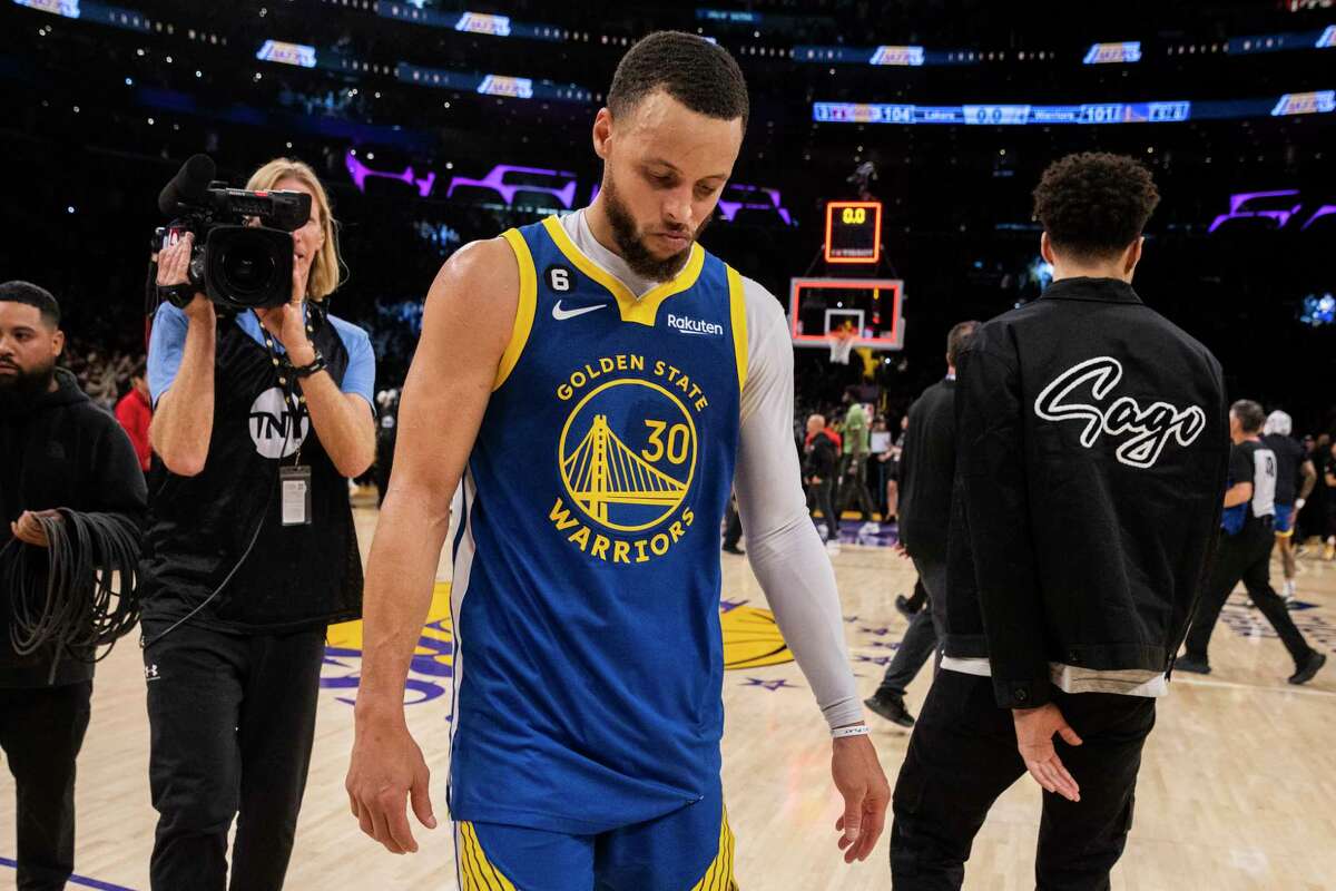 Golden State Warriors guard Stephen Curry (30) walks off the court after defeated by the Los Angeles Lakers 104-101 in Game Four of the Western Conference Semifinals against the Los Angeles Lakers in Los Angeles, California Monday, May 8, 2023. The Lakers now lead the best of seven series 3-1.