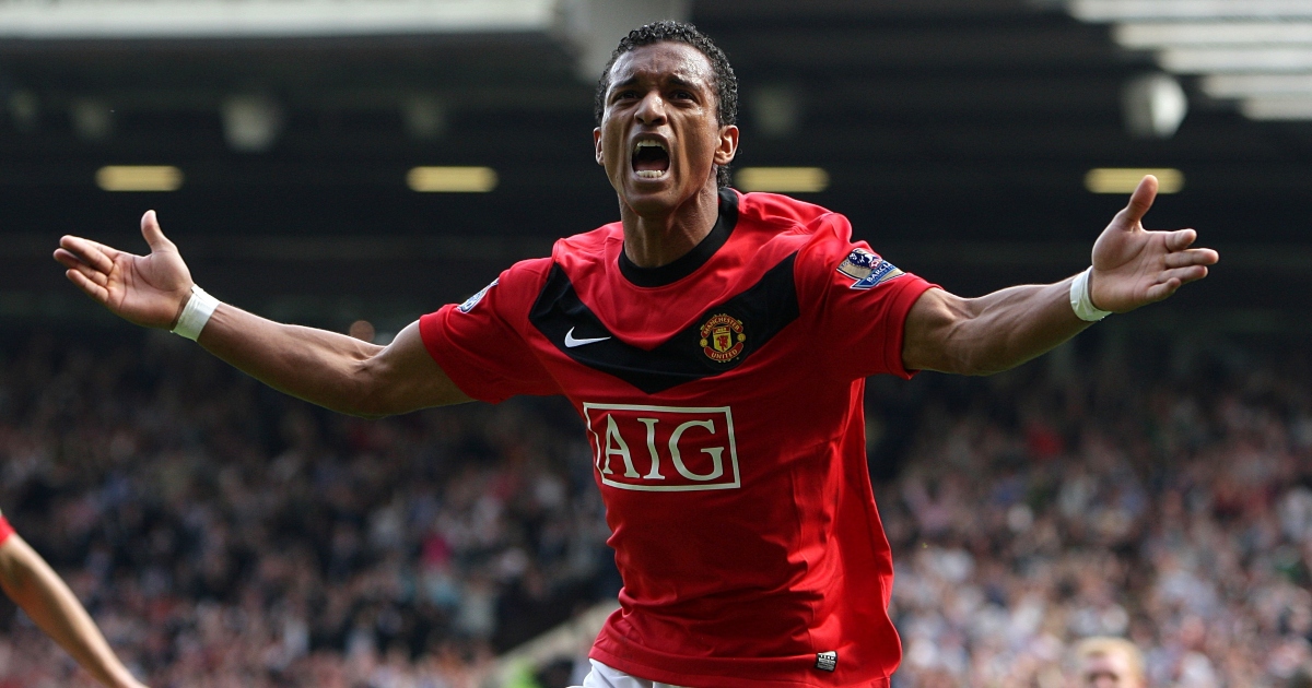 Luis Nani celebrates after scoring for Manchester United.