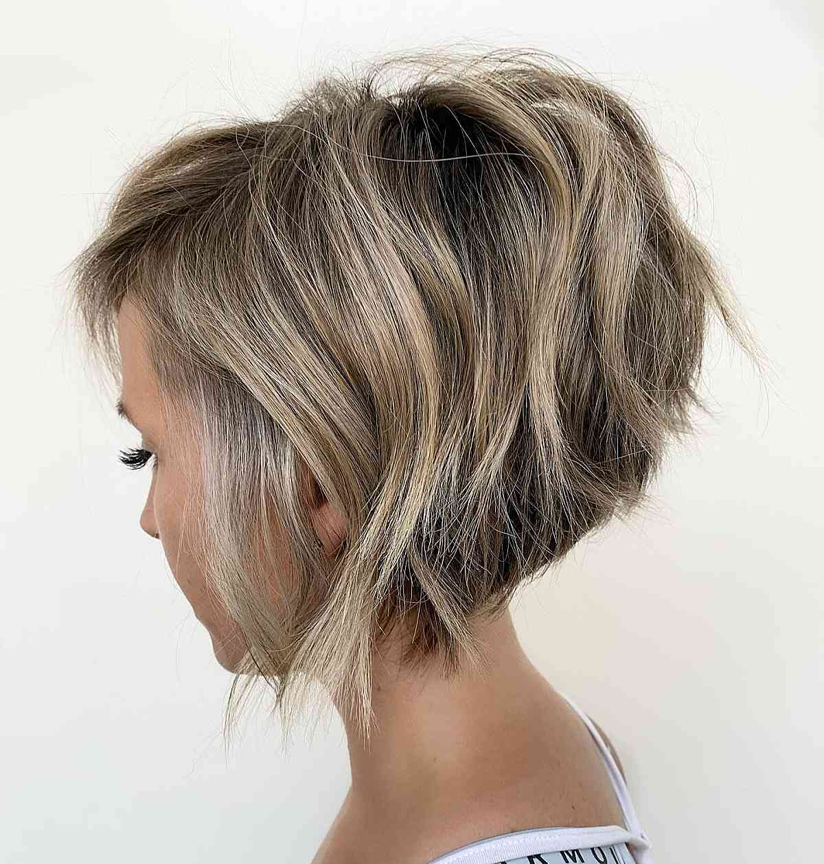 messy wavy stacked bob with long bangs