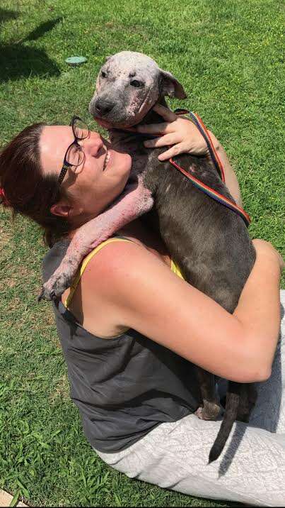 Woman hugging rescued dog