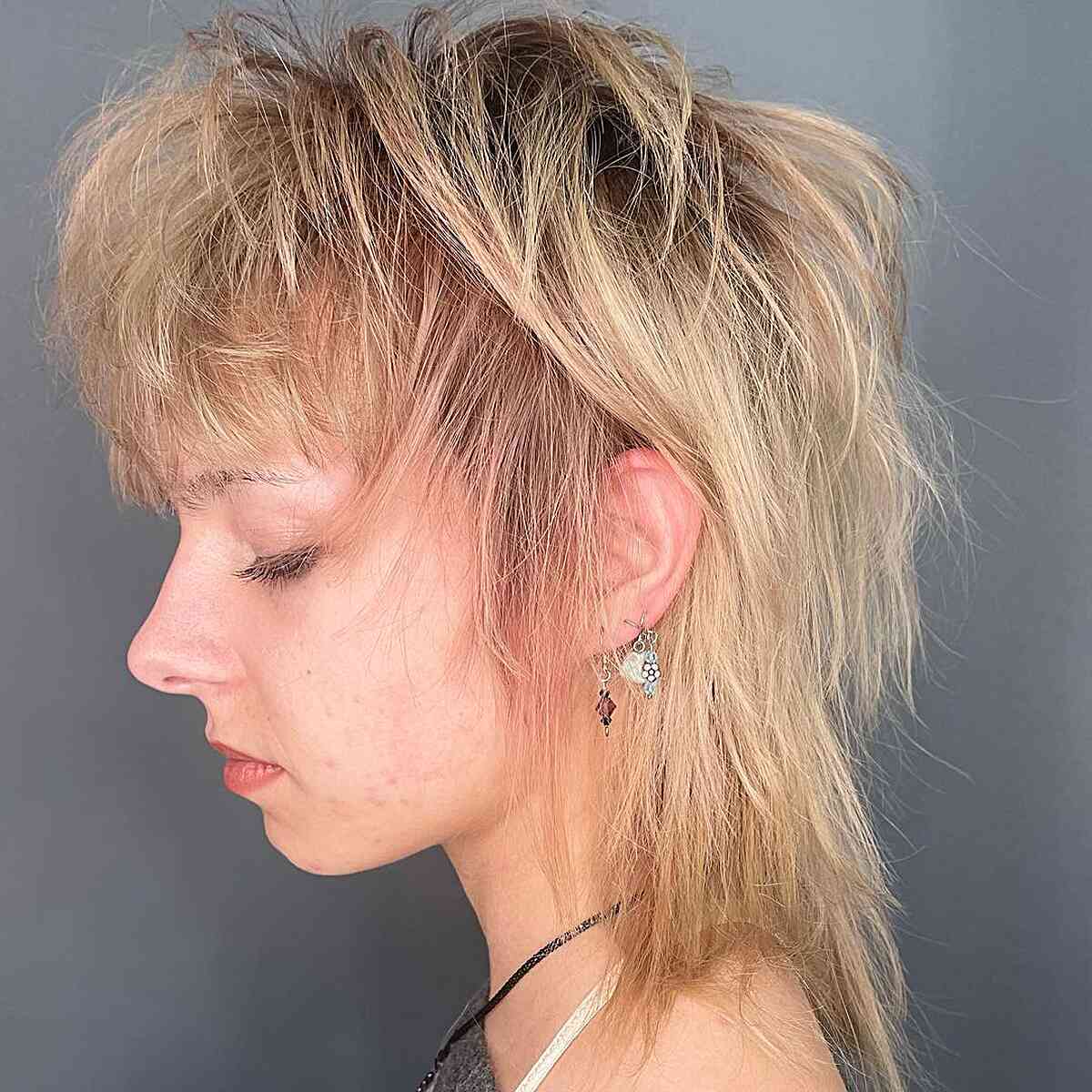 Short-Medium Messy Mullet Shag with Full Blonde Highlights